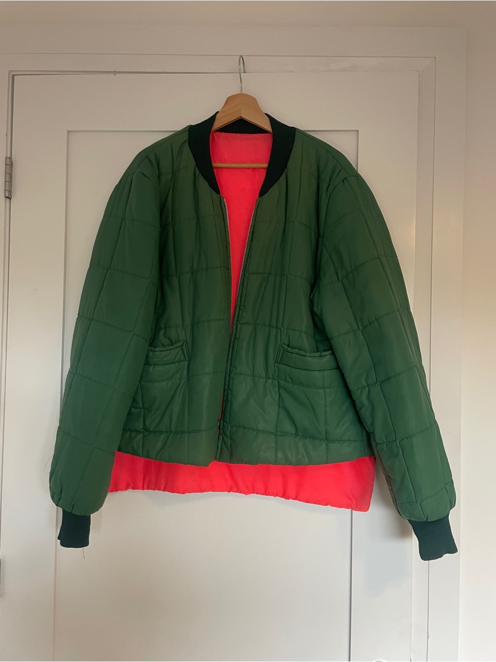 Vintage Reversible Quilted Bomber Jacket - Green/Red